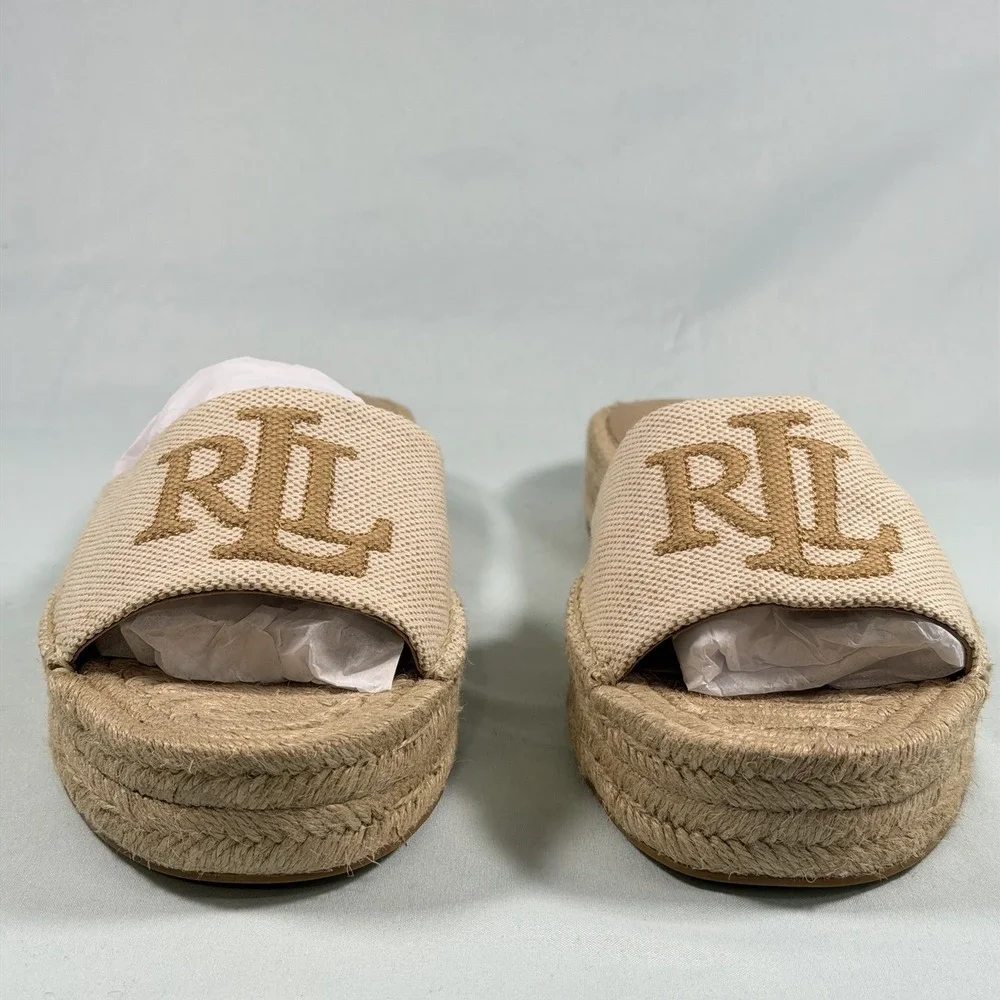 Lauren Ralph Lauren Size-9M Women's Polly Espadrille Flat Sandals Beige Denim